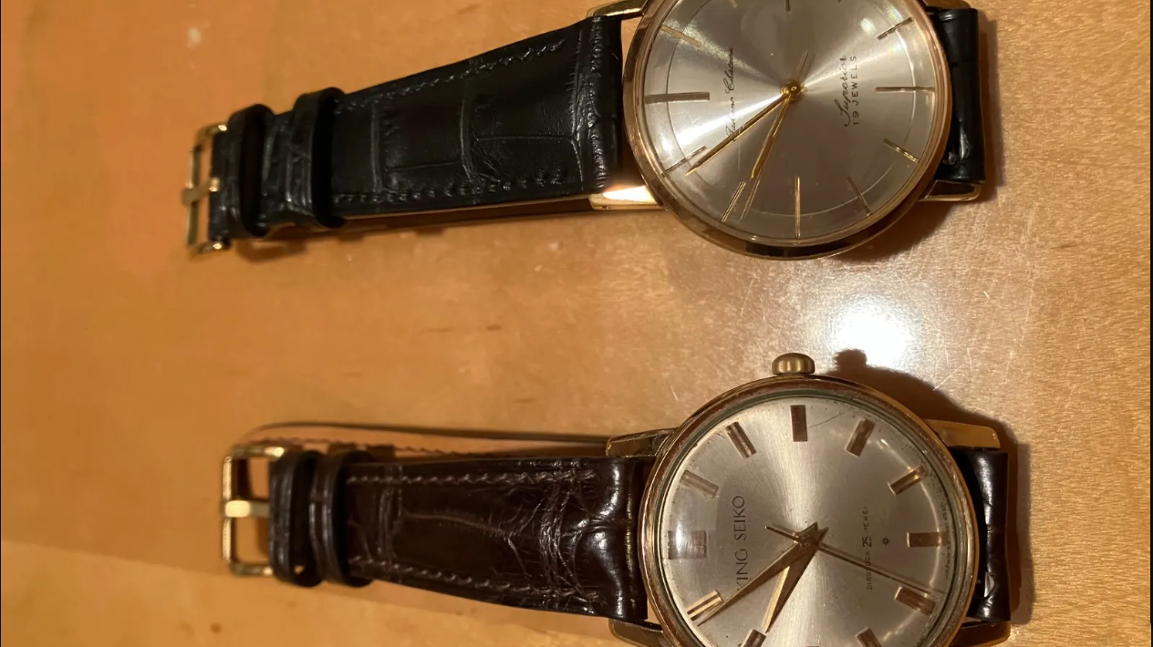 タカノシャトー 19石用 ブラック&ブラウンクロコダイル 同系色ステッチ時計ベルト革 2枚セット腕時計バンドオーダー