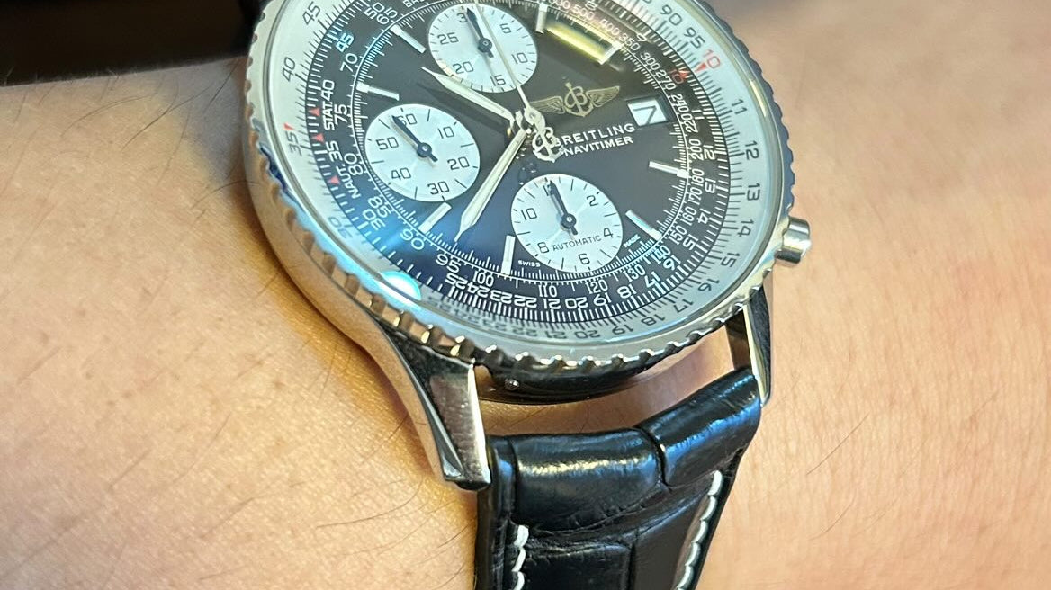 ブライトリング オールドナビタイマー用 ブラッククロコダイル 白ステッチ エトゥープ裏革 カーブエンド時計ベルト革 腕時計バンドオーダー