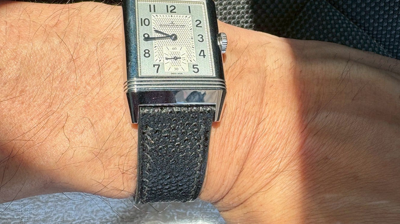 ジャガールクルト グランドレベルソ用 姫路黒桟革 同系色ステッチ時計ベルト革 腕時計バンドオーダー