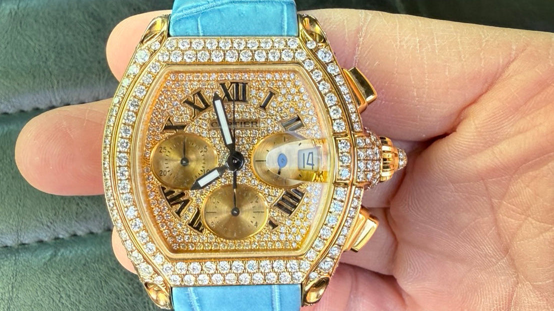 Cartier Roadster Chronograph Diamond Watch用 藍染めクロコダイル ヘリ返し仕立て クイックスイッチ機能搭載時計ベルト革 製作実例