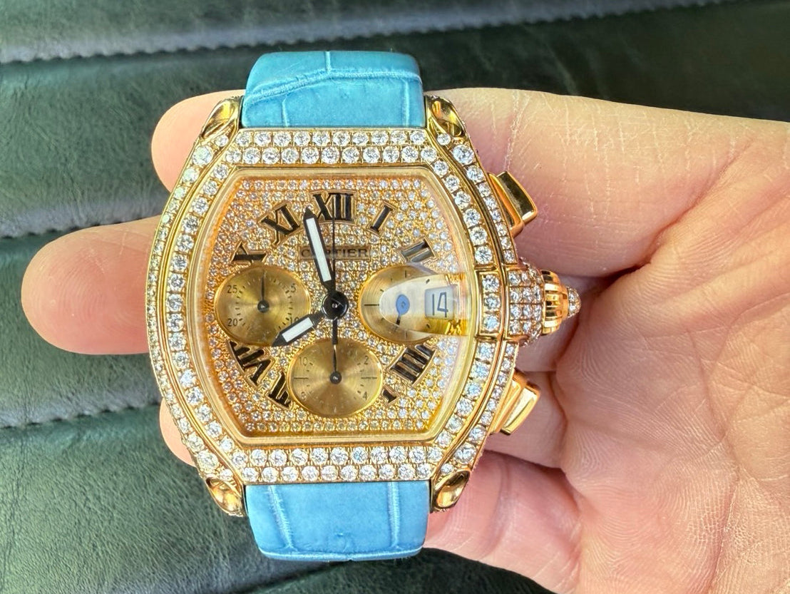 Cartier Roadster Chronograph Diamond Watch用 藍染めクロコダイル ヘリ返し仕立て クイックスイッチ機能搭載時計ベルト革 製作実例