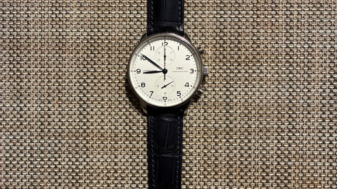 IWC ポルトギーゼ クロノグラフ用 ダークネイビー ワニ革 同系色ステッチ 時計ベルト革 オーダーメイド製作