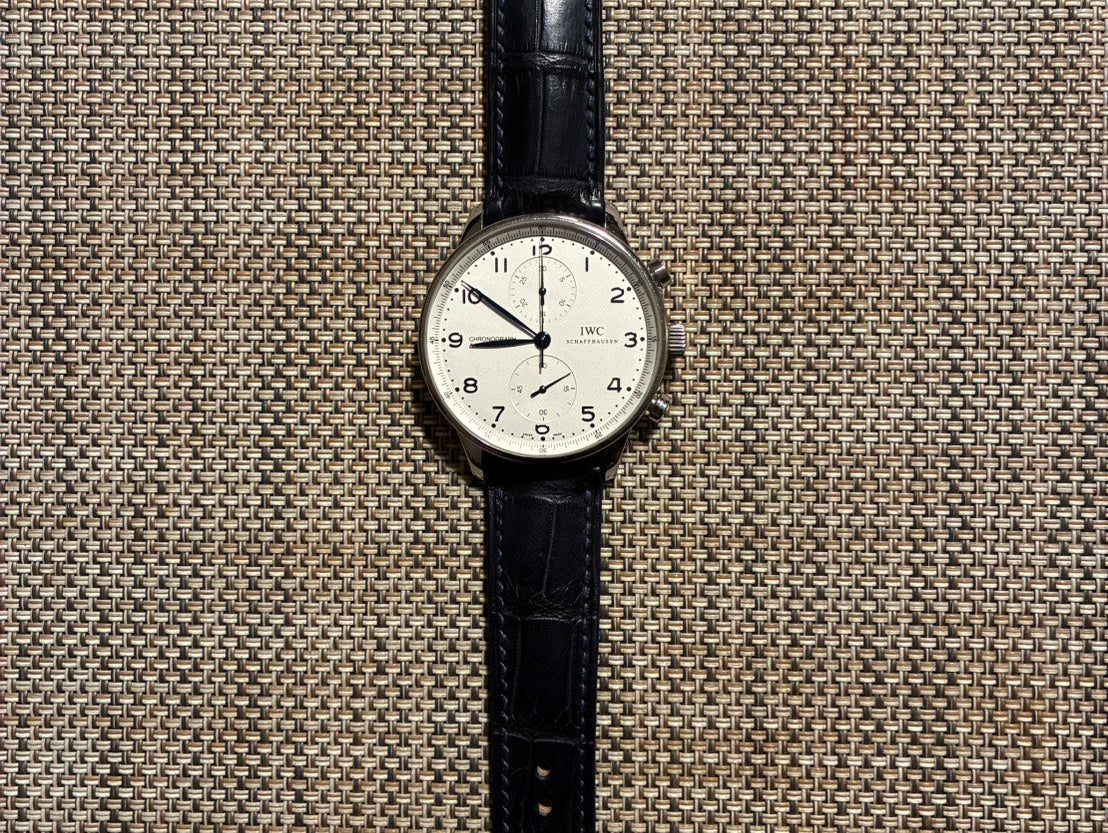IWC ポルトギーゼ クロノグラフ用 ダークネイビー ワニ革 同系色ステッチ 時計ベルト革 オーダーメイド製作