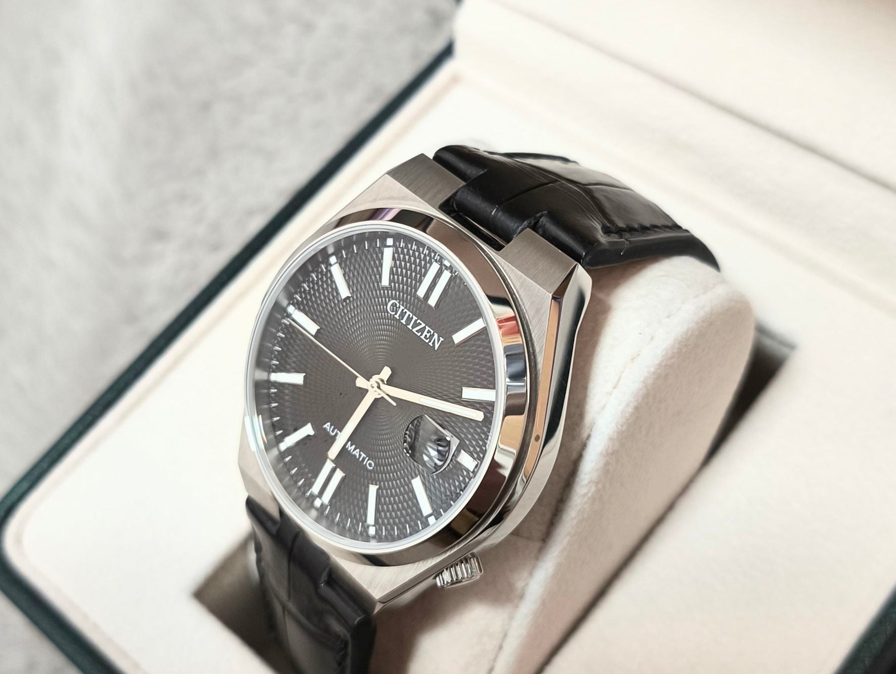 Citizen Tsuyosa Automatic用 ブラック ワニ革 凸型 裏面ステッチなし 時計ベルト オーダーメイド製作