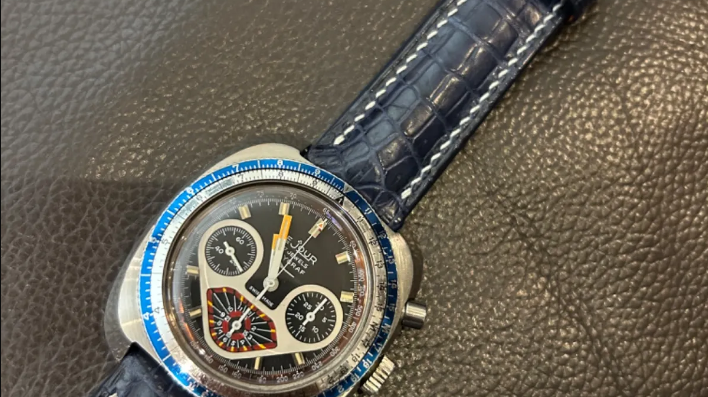 1970s Le Jour Yema Flygraf Chronograph ref. 92.103P用 ネイビー球柄クロコダイル 同系色ステッチ時計ベルト革 腕時計バンドオーダー