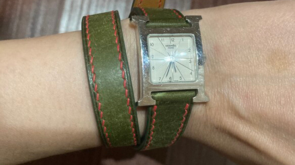 エルメス HERMES Hウォッチ用 オリーブグリーンプエブロレザー ダブルツアー時計ベルト革 腕時計バンドオーダー