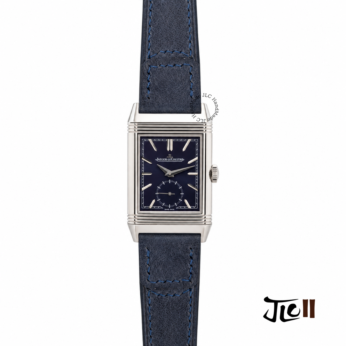 Bespoke navy blue Buttero leather watch strap custom made for JLC Reverso