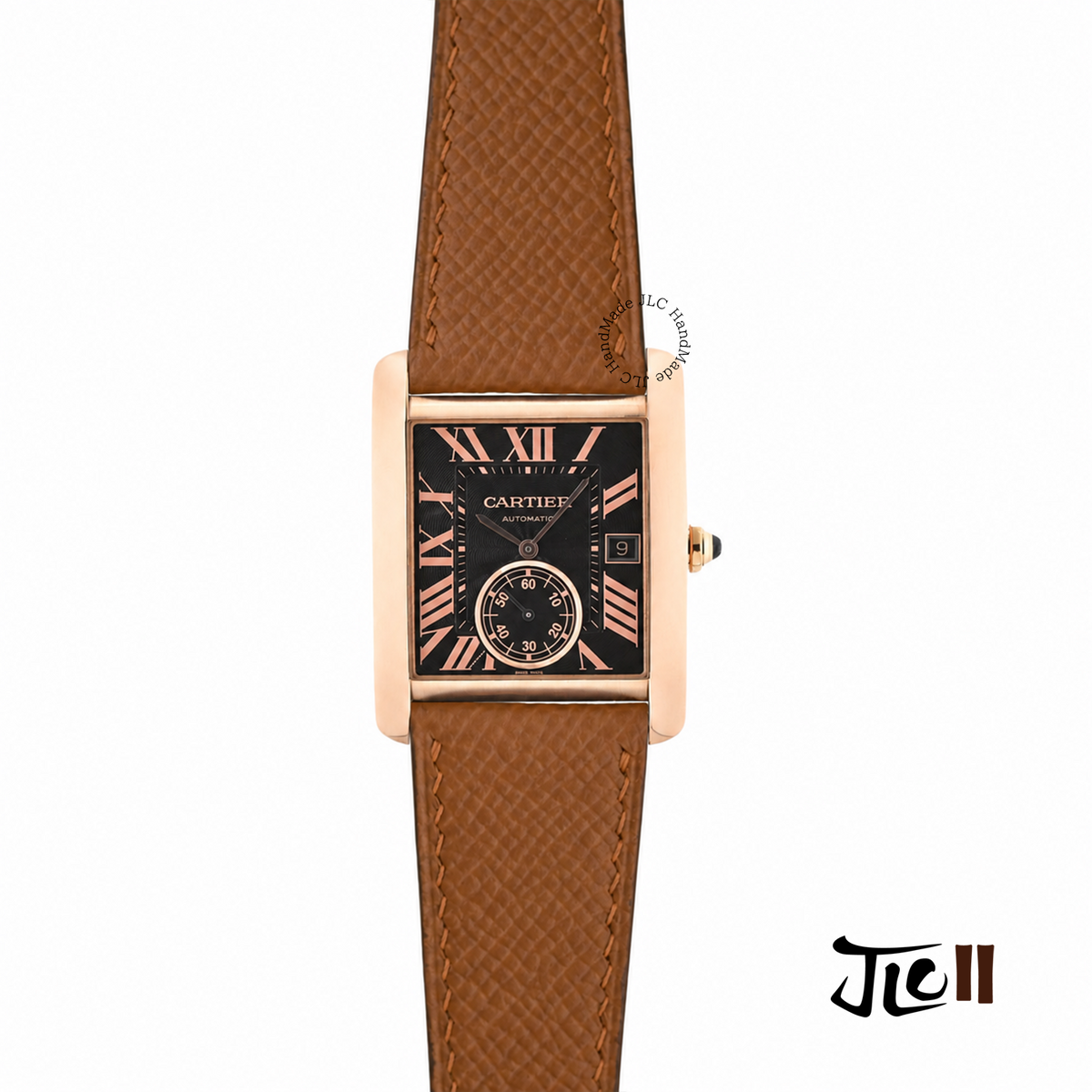Gold brown Epsom calfskin leather flat watch band designed for Cartier Tank MC deployant clasp