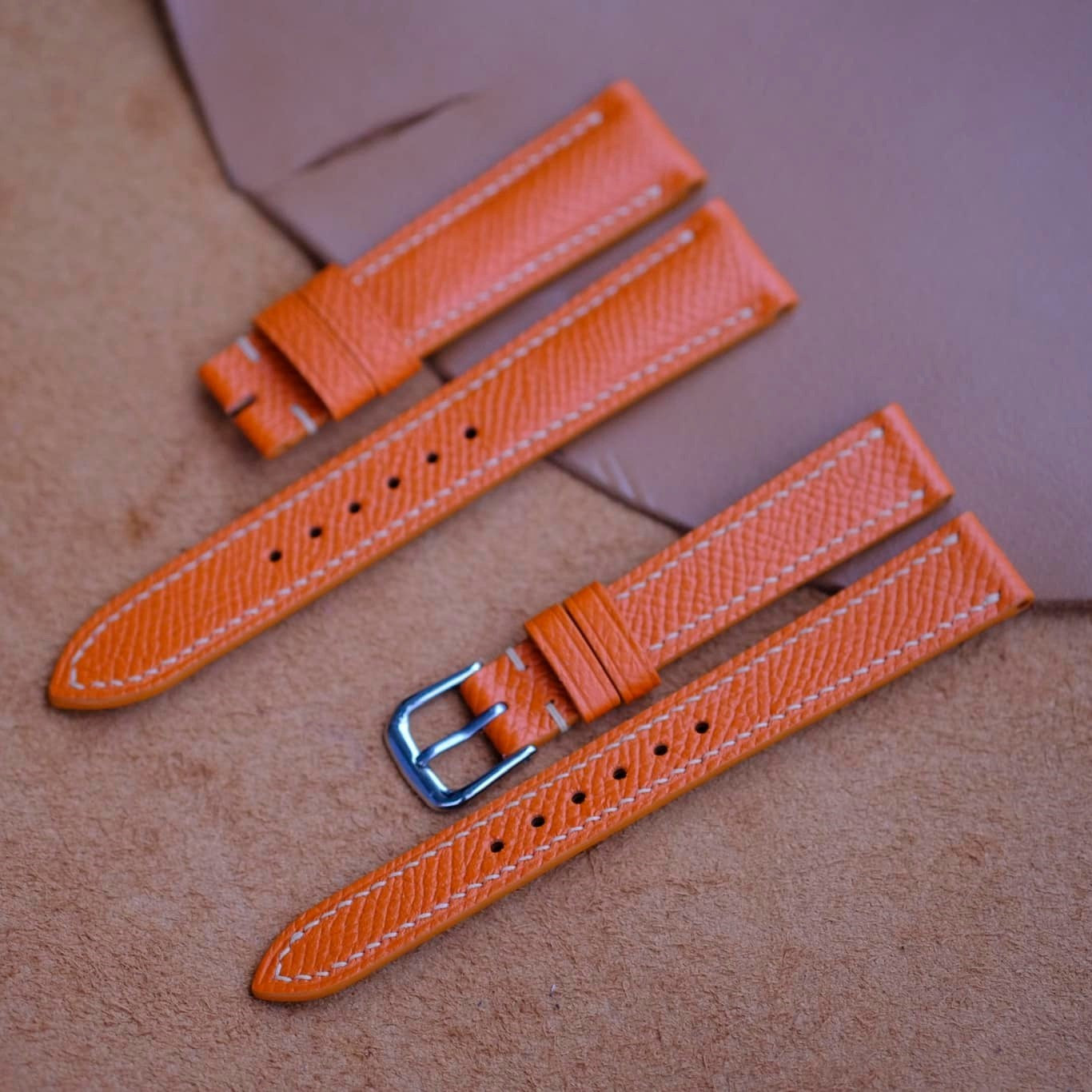 オレンジ カーフ エプソン革 腕時計ベルト ハンドメイド 長さ調整