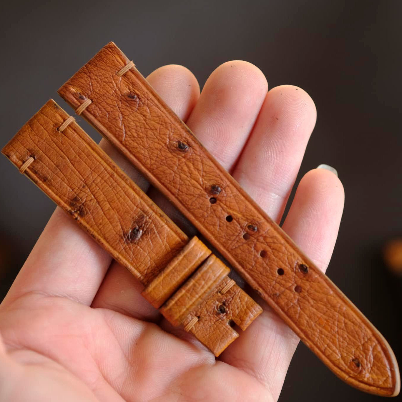 ライトブラウン オーストリッチ ダチョウ革 腕時計ベルト ハンドメイド