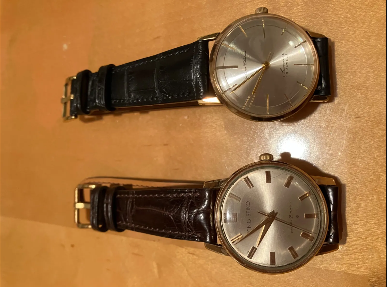 タカノシャトー 19石用 ブラック＆ブラウンクロコダイル 同系色ステッチ時計ベルト革 2枚セット腕時計バンドオーダー