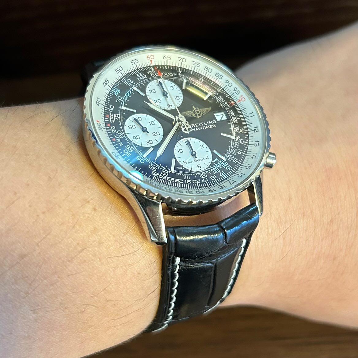 ブライトリング オールドナビタイマー用 ブラッククロコダイル 白ステッチ エトゥープ裏革 カーブエンド時計ベルト革 腕時計バンドオーダー