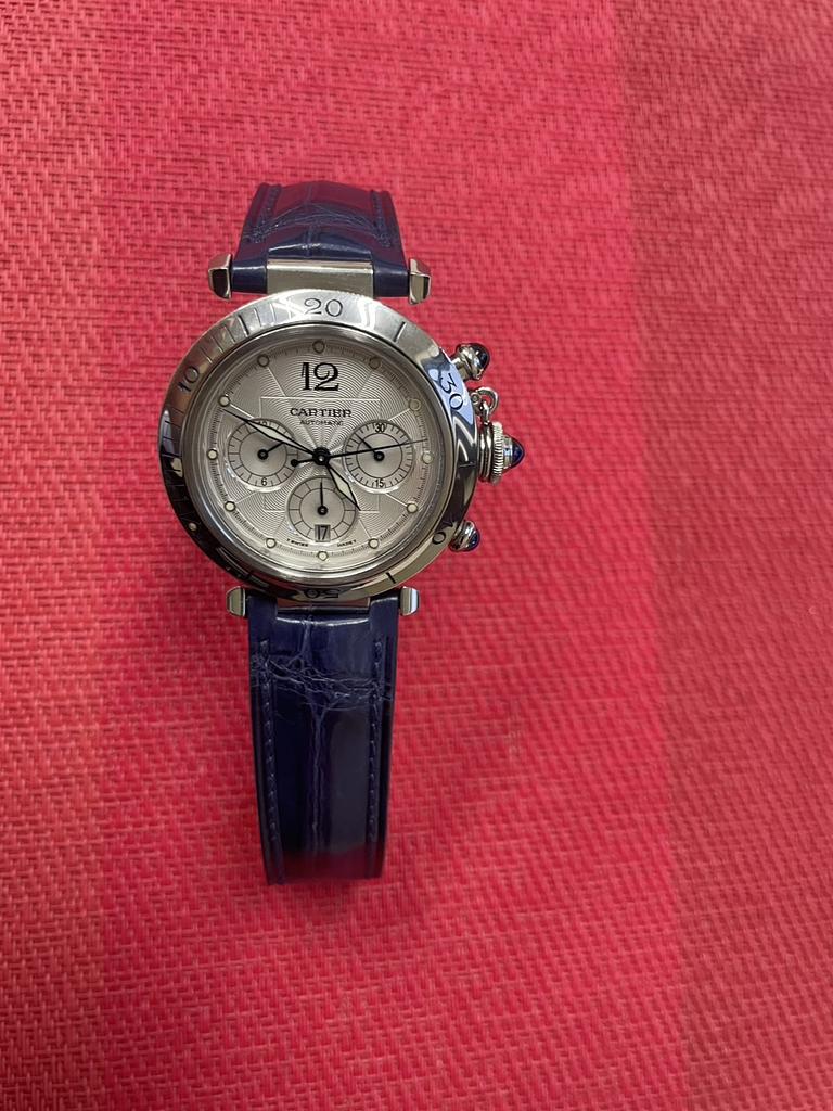 カルティエ CARTIER パシャ用 凹型ネイビークロコダイル革時計ベルト革オーダー