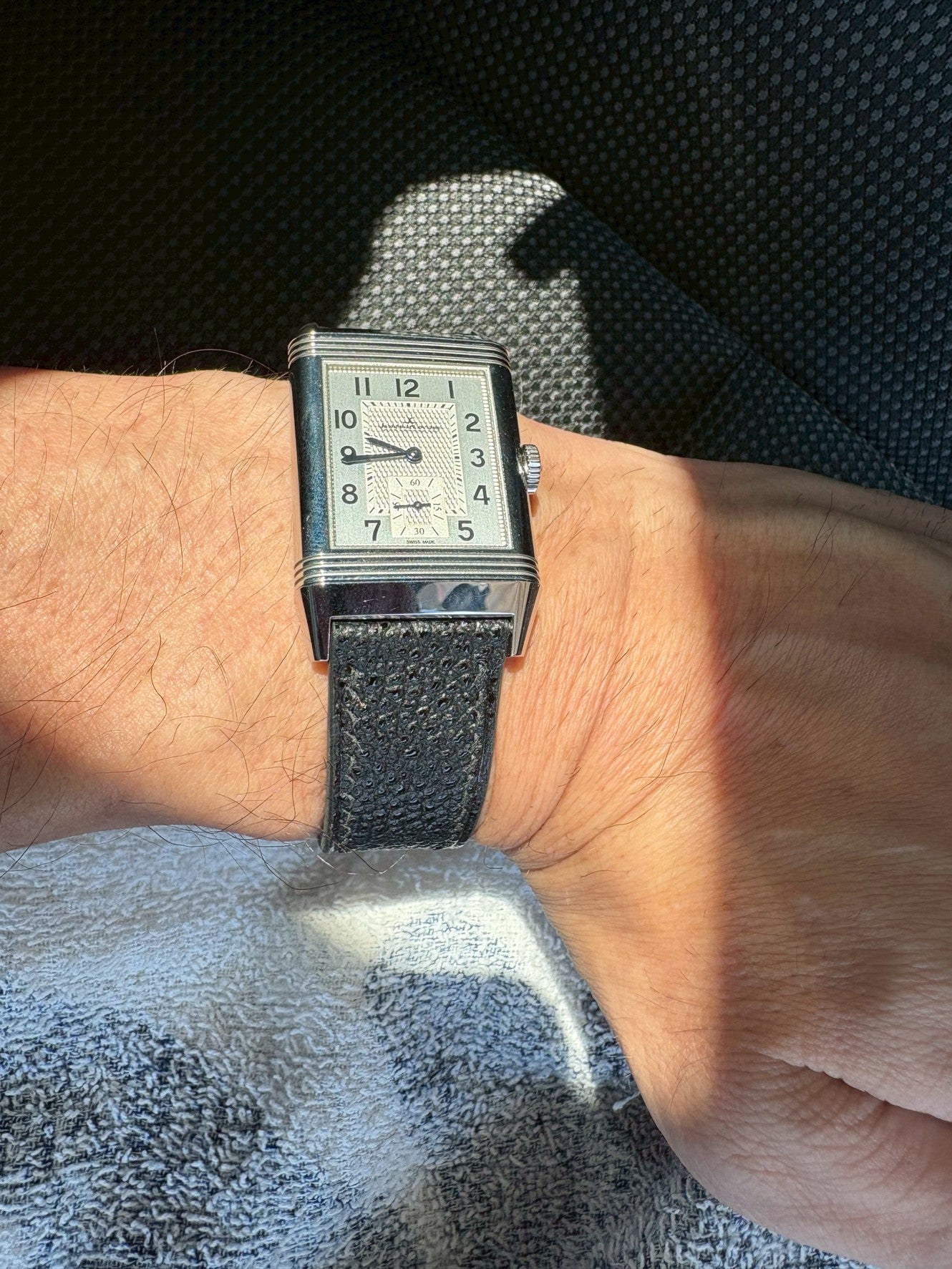 ジャガールクルト グランドレベルソ用 姫路黒桟革 同系色ステッチ時計ベルト革 腕時計バンドオーダー