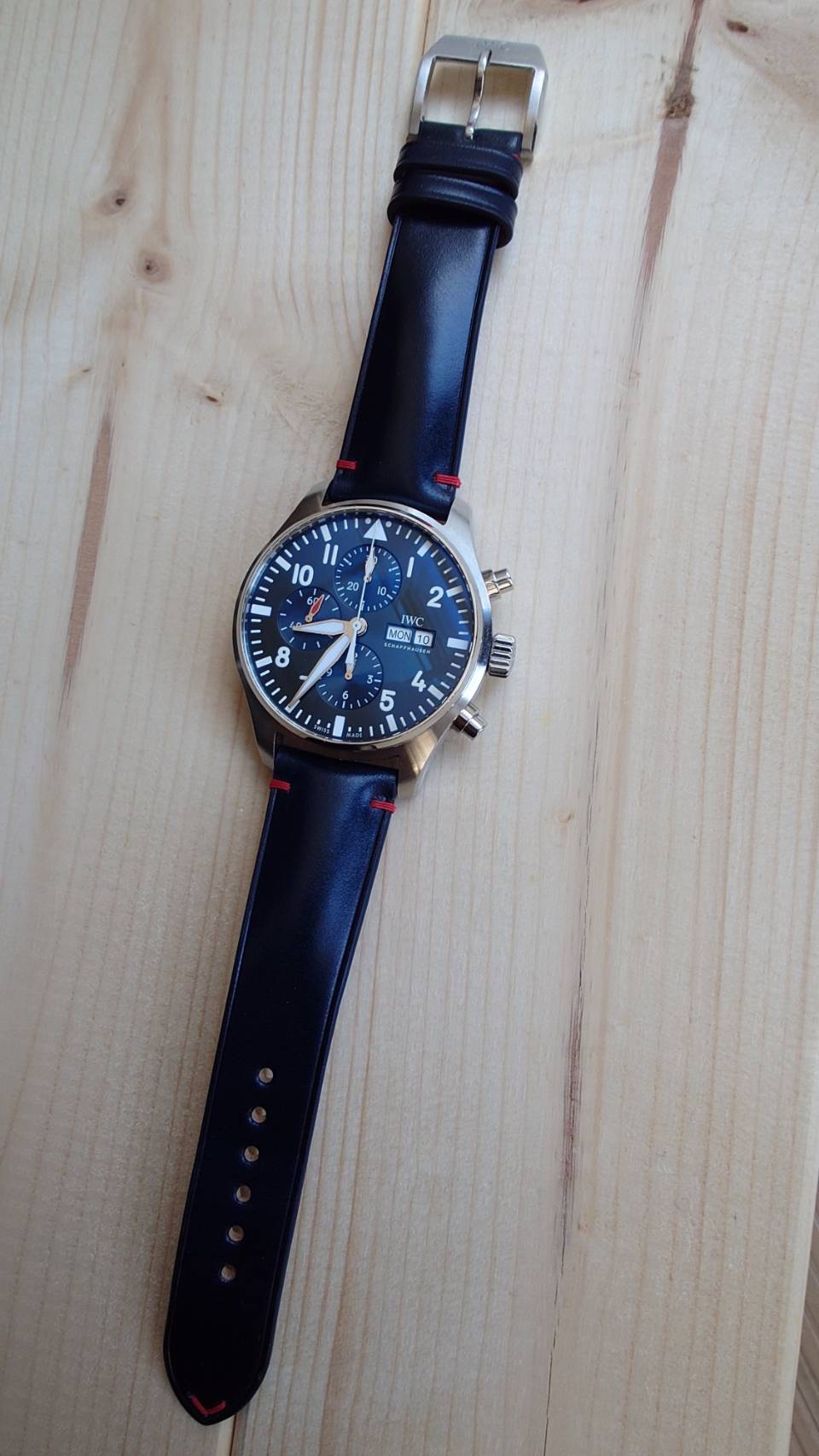 IWC Pilot Le Petit Prince Chronograph用 ネイビー コードバン レッドステッチ時計ベルト革