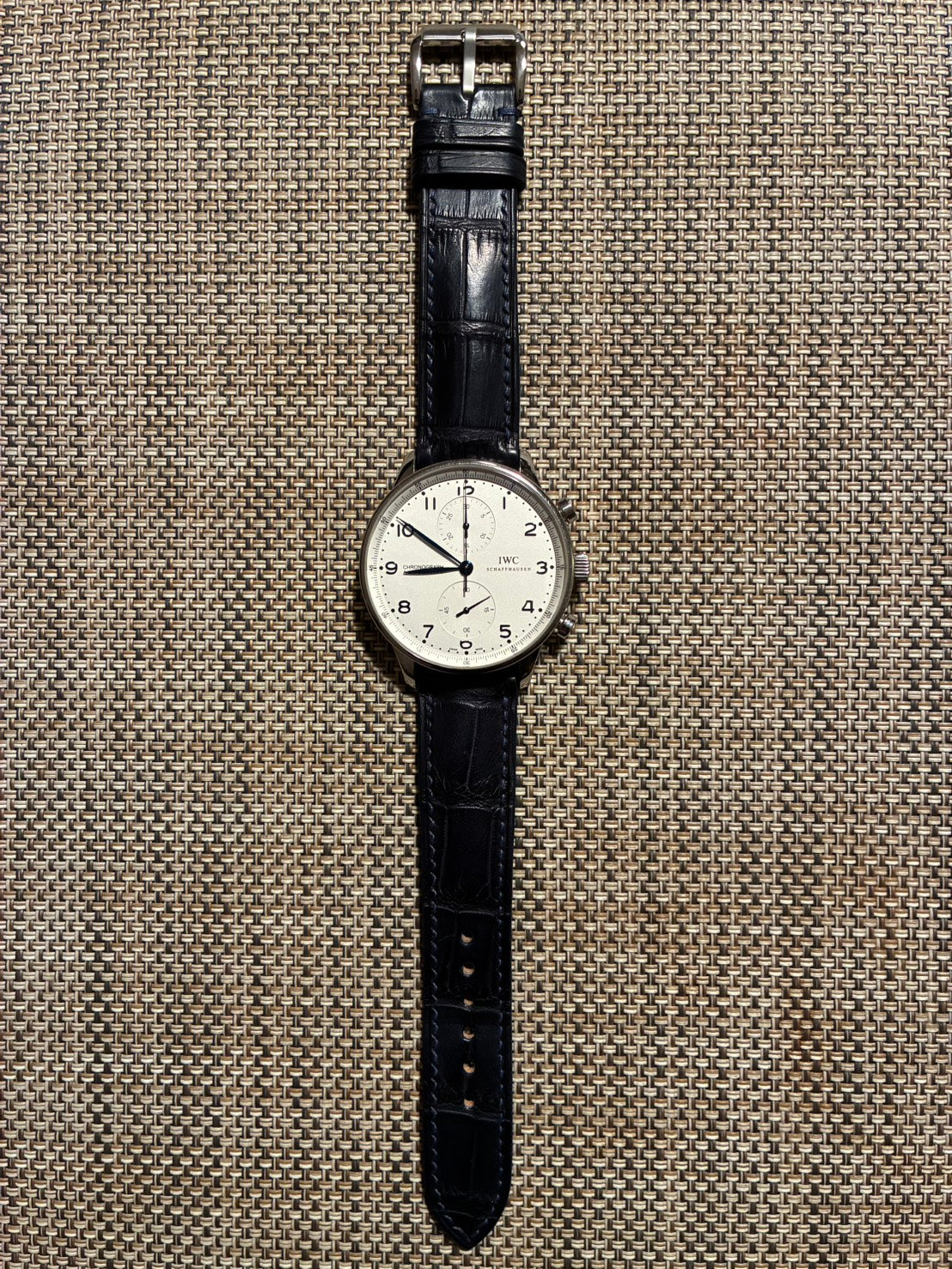 IWC ポルトギーゼ クロノグラフ用 ダークネイビー ワニ革 同系色ステッチ 時計ベルト革 オーダーメイド製作