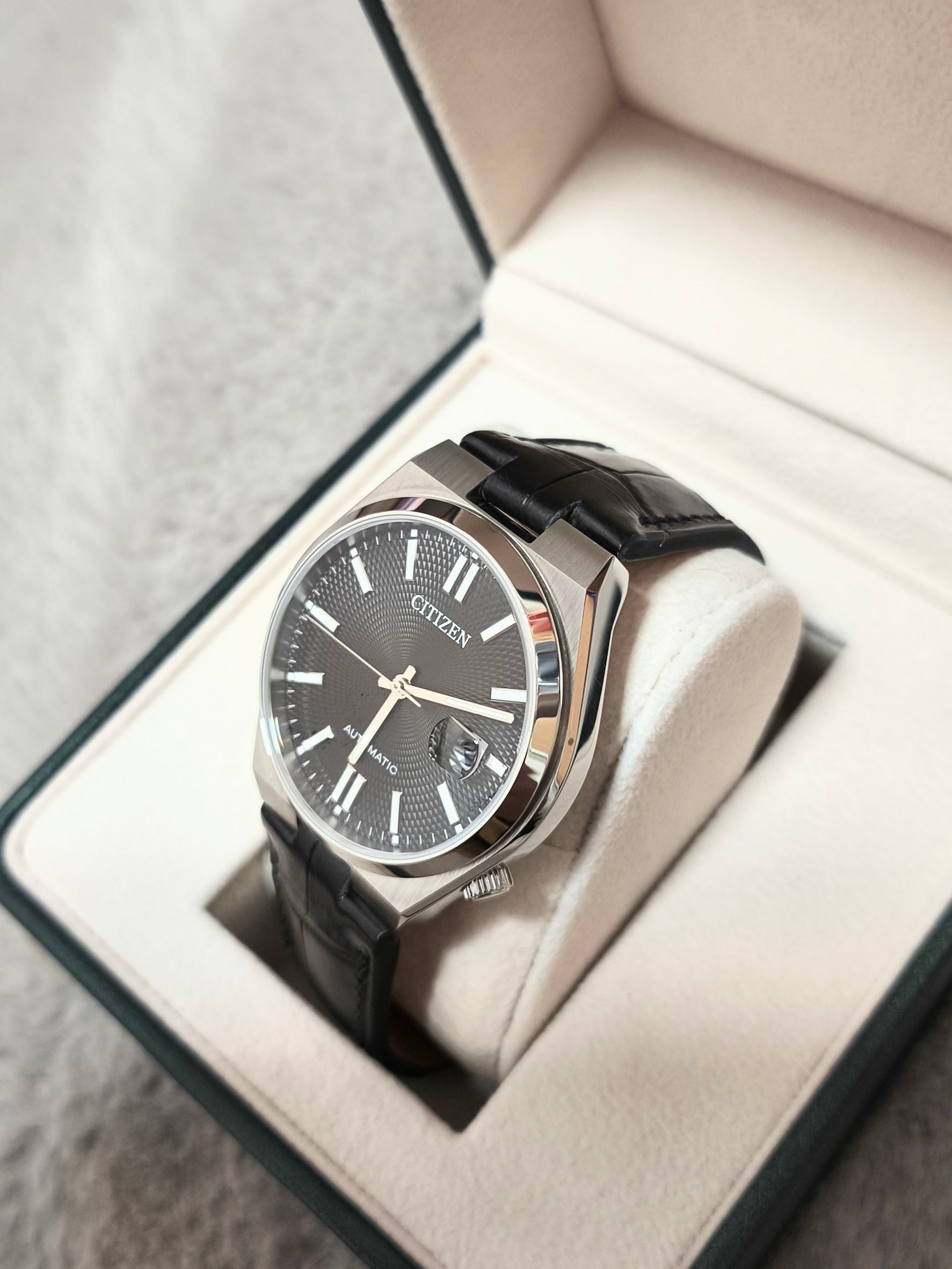 Citizen Tsuyosa Automatic用 ブラック ワニ革 凸型 裏面ステッチなし 時計ベルト オーダーメイド製作