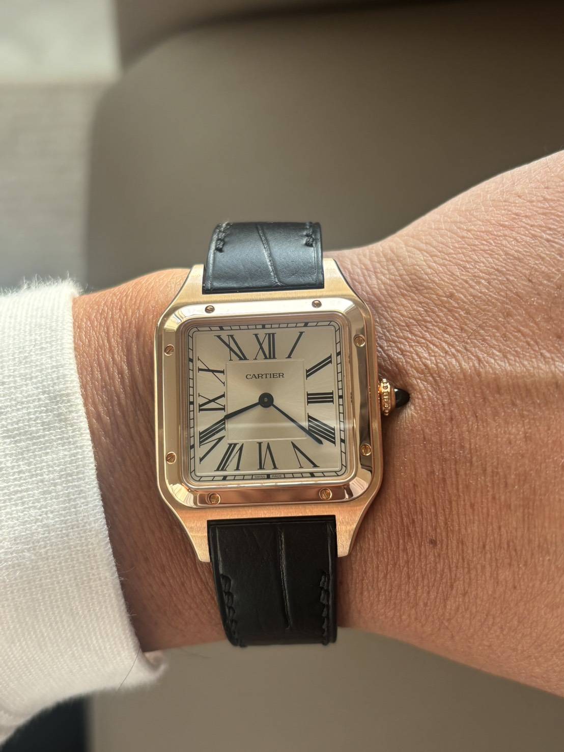 カルティエ サントスデュモン用 ブラック ワニ革 同系色ステッチ 両側折込バックル時計ベルト革