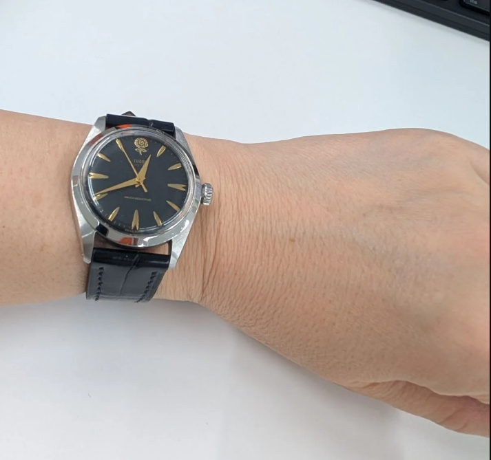 チュードル デカバラ 手巻き オイスター用 ブラッククロコダイル 同系色ステッチ時計ベルト革 腕時計バンドオーダー