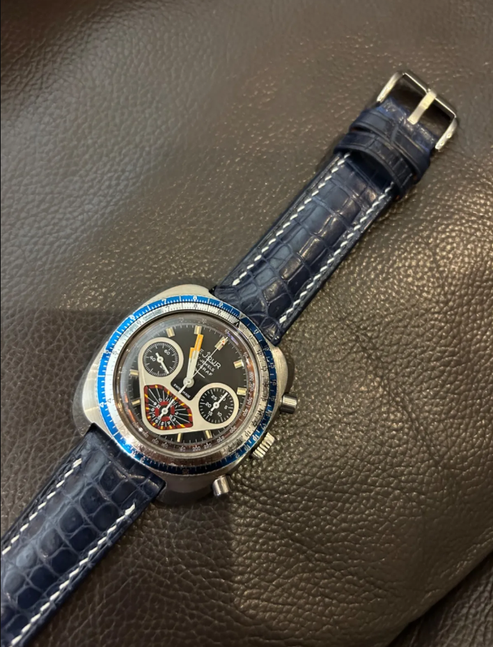 1970s Le Jour Yema Flygraf Chronograph ref. 92.103P用 ネイビー球柄クロコダイル 同系色ステッチ時計ベルト革 腕時計バンドオーダー