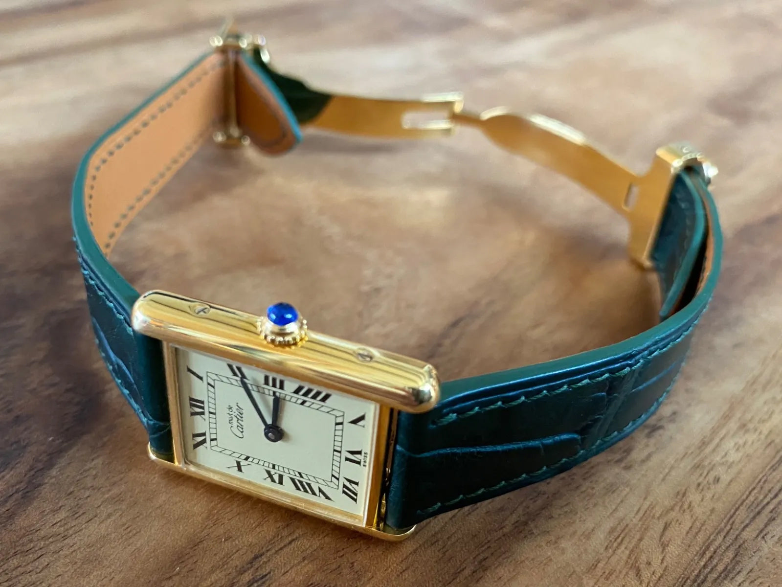 カルティエタンク用 グリーンクロコダイル 両側折込バックル時計ベルト革 腕時計バンドオーダー