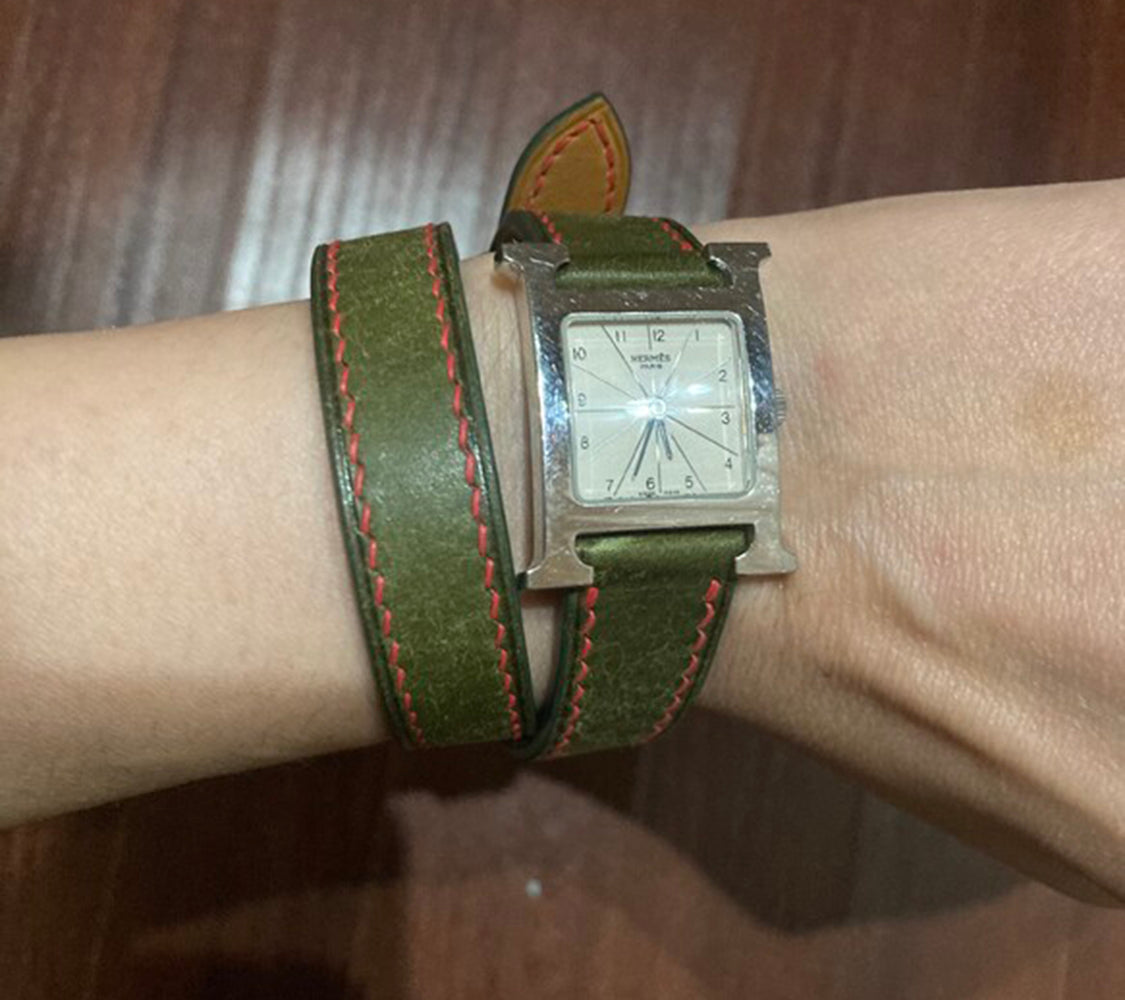 エルメス HERMES Hウォッチ用 オリーブグリーンプエブロレザー ダブルツアー時計ベルト革 腕時計バンドオーダー