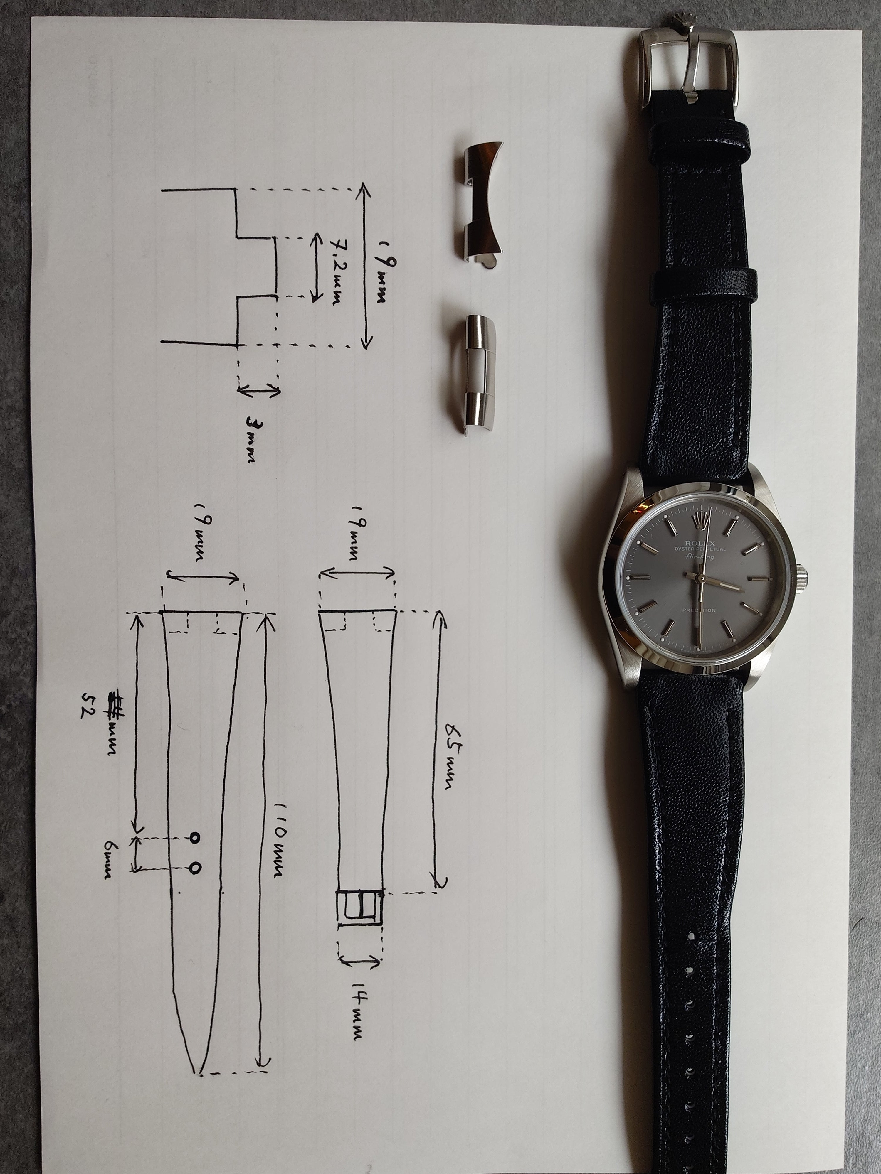 ロレックス エアキング グレー文字盤用 凸型カーフスキンエプソン革時計ベルト革オーダー