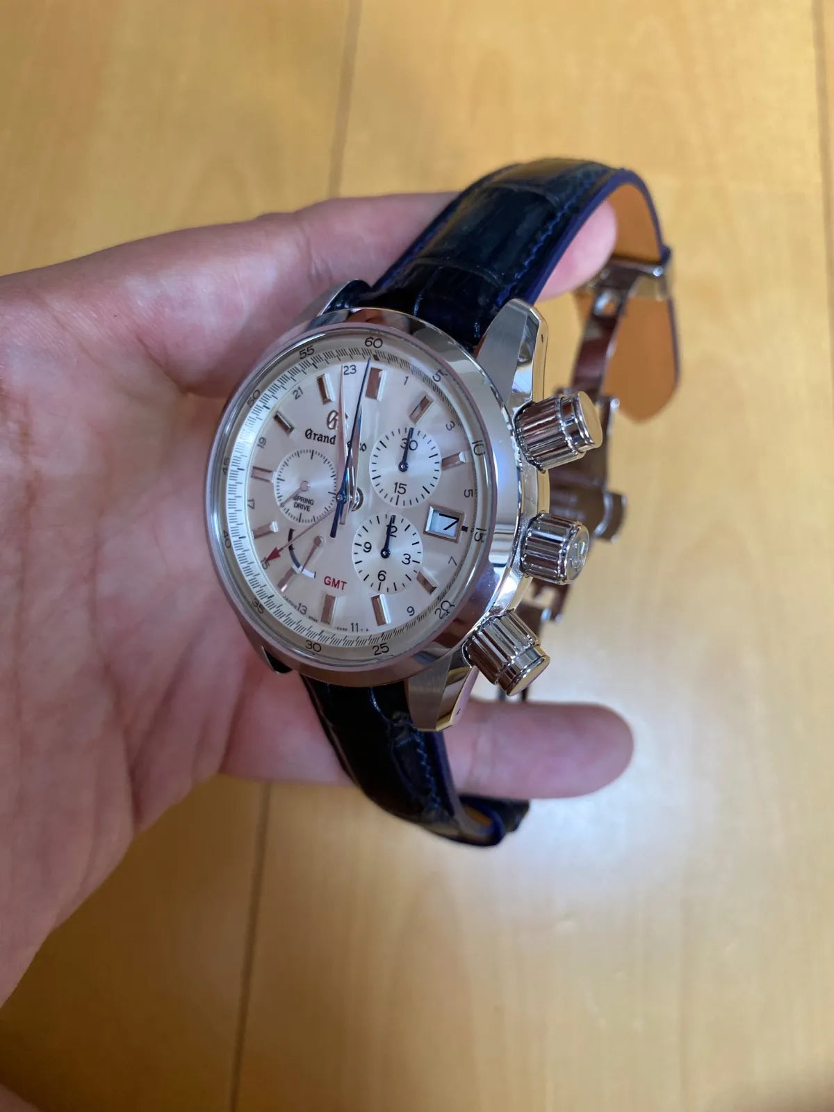 グランドセイコー スポーツコレクション スプリングドライブ クロノグラフ用 ネイビーアリゲーター時計ベルト革 隠しステッチ仕様