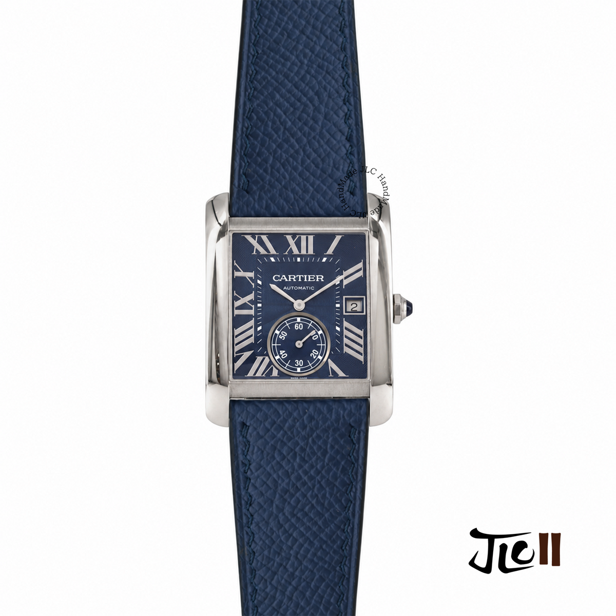 Navy blue Epsom calfskin leather flat watch strap for Cartier Tank MC fold-over deployant clasp