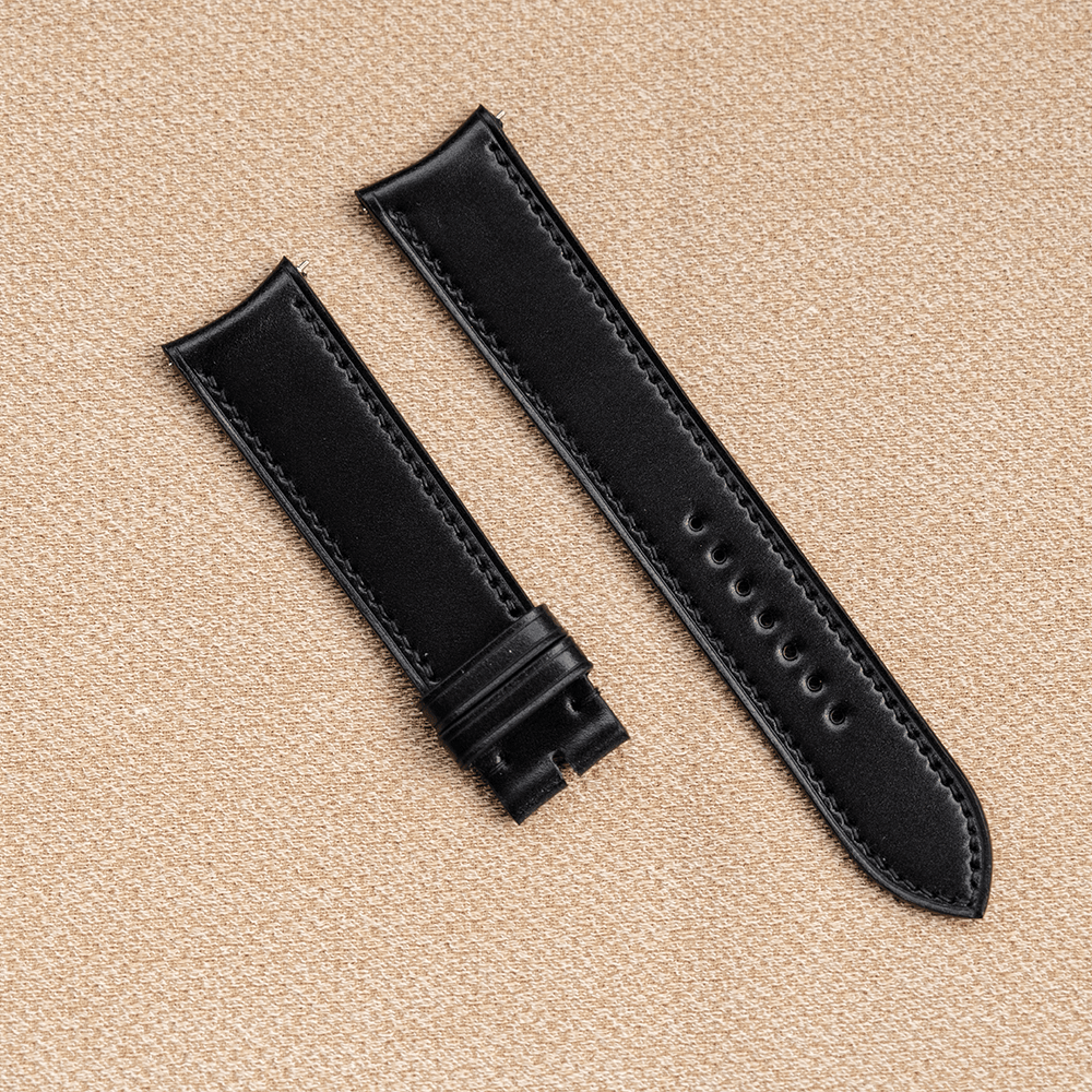 ブラック コードバン革 腕時計ベルト ハンドメイド Rカン 弓カン、カーブエンド